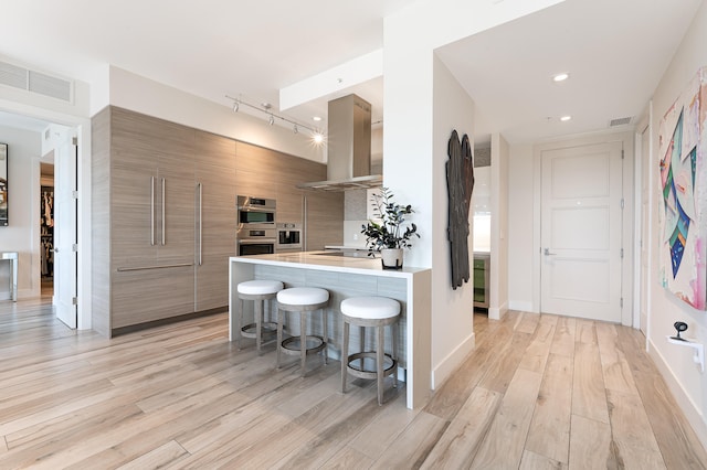 kitchen with light wood-type flooring, stainless steel appliances, ventilation hood, kitchen peninsula, and a breakfast bar area