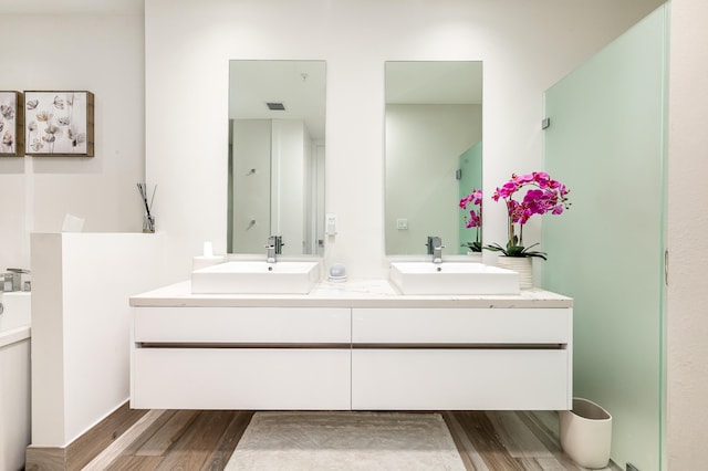 bathroom featuring hardwood / wood-style flooring and vanity