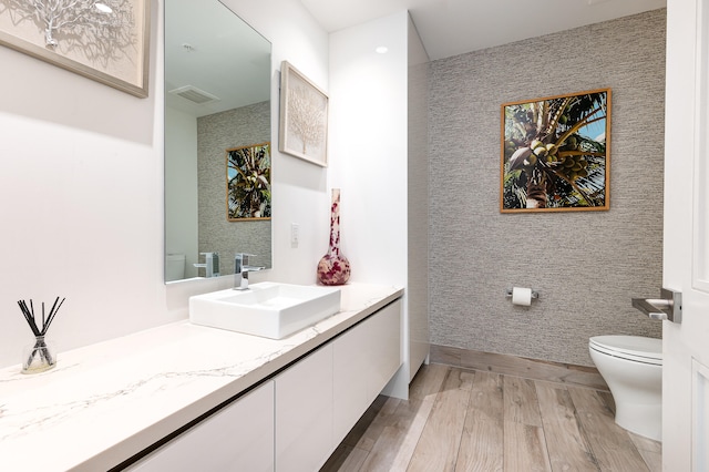 bathroom with wood-type flooring, vanity, and toilet