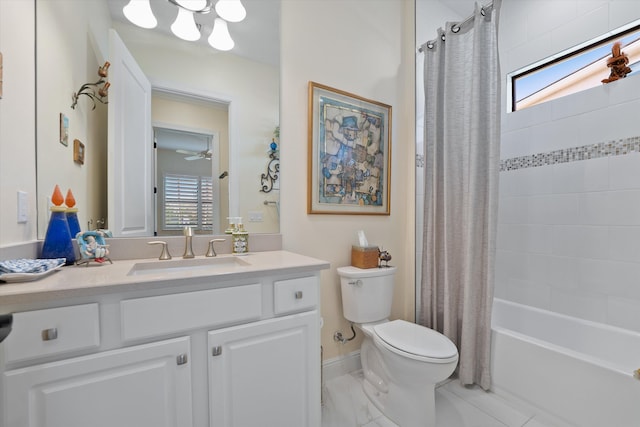 full bathroom with a healthy amount of sunlight, vanity, shower / bath combination with curtain, and toilet