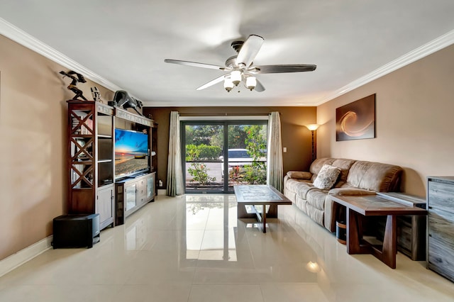 living room with ornamental molding, ceiling fan, and light tile patterned flooring