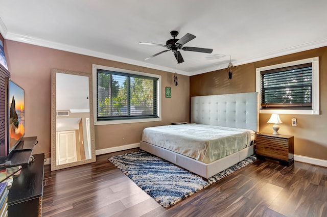 bedroom featuring crown molding, ceiling fan, and dark hardwood / wood-style floors