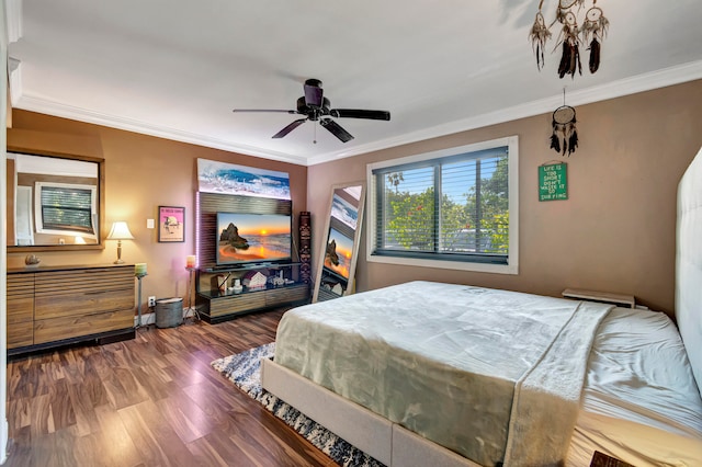 bedroom featuring ceiling fan, hardwood / wood-style flooring, and ornamental molding