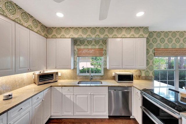 kitchen featuring appliances with stainless steel finishes, white cabinets, sink, and dark hardwood / wood-style floors