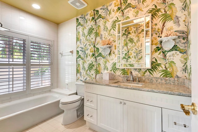 full bathroom featuring toilet, tile patterned flooring, vanity, and shower / bath combination