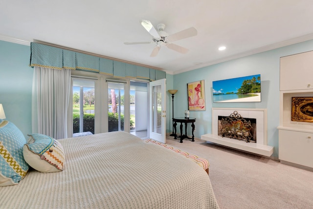 bedroom with ceiling fan, crown molding, light colored carpet, and access to exterior