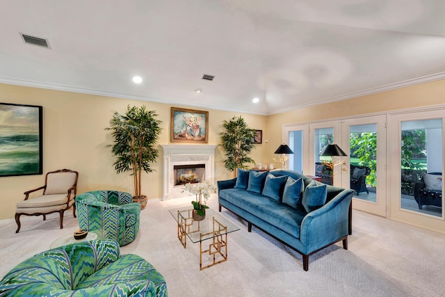 carpeted living room with crown molding