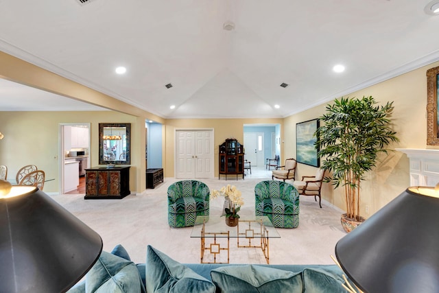 carpeted living room featuring crown molding