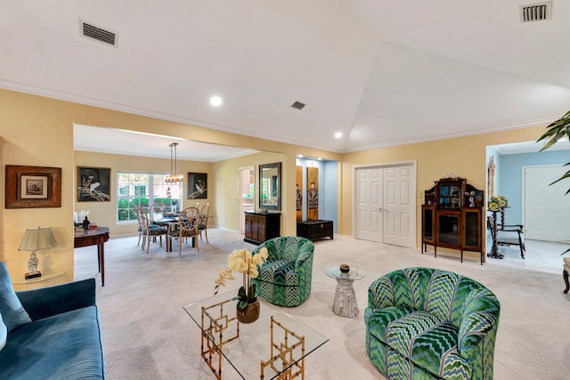 carpeted living room with ornamental molding and vaulted ceiling