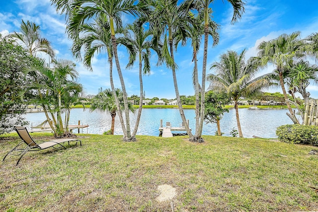 view of yard featuring a water view and a boat dock