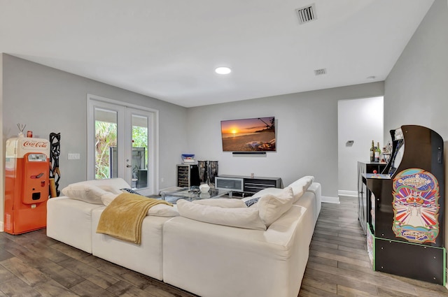 living room featuring dark wood-type flooring