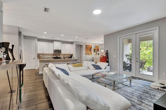 living room featuring dark wood-type flooring and french doors