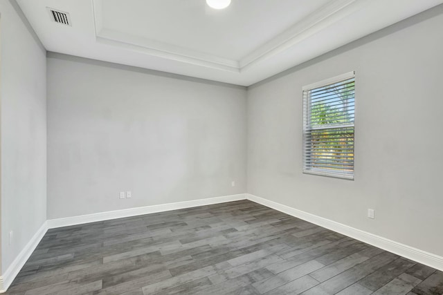 spare room with dark hardwood / wood-style flooring and a raised ceiling