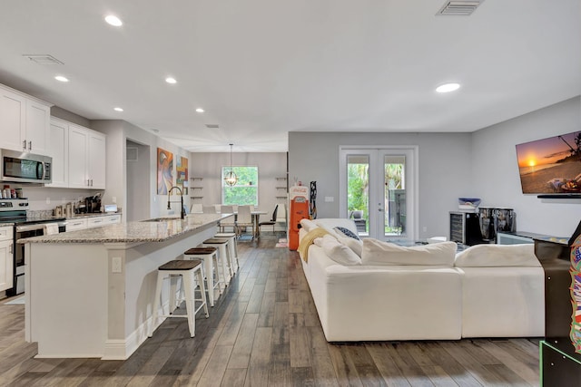 living room featuring dark wood-type flooring, french doors, and sink