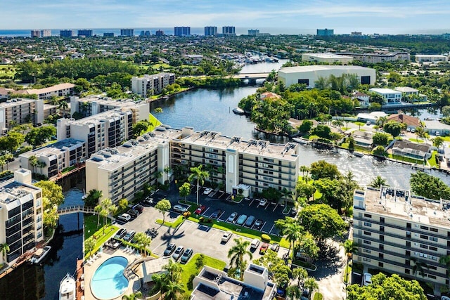 drone / aerial view with a water view