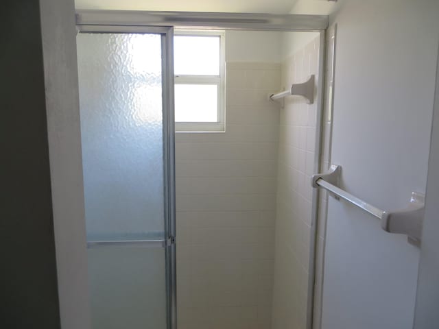 interior details with a shower with door