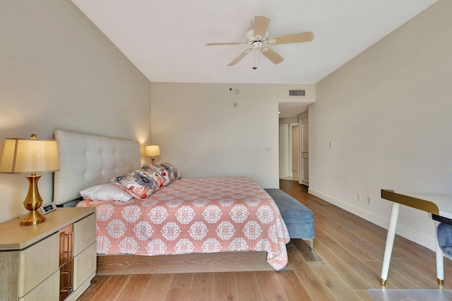 bedroom featuring ceiling fan and light hardwood / wood-style flooring