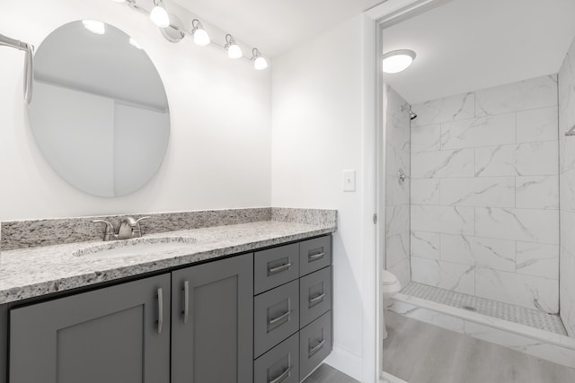 bathroom with a tile shower, vanity, toilet, and wood-type flooring