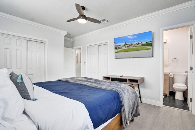 bedroom with connected bathroom, ceiling fan, crown molding, and light hardwood / wood-style floors