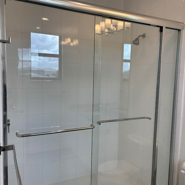 bathroom with a shower with shower door