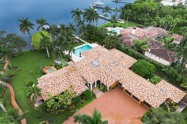 drone / aerial view featuring a water view