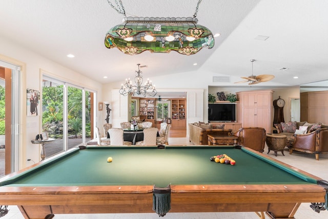 game room with ceiling fan, a textured ceiling, billiards, and vaulted ceiling