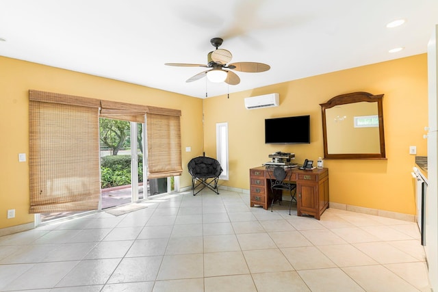 tiled office with ceiling fan and an AC wall unit