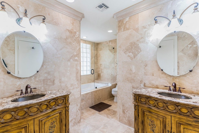 full bathroom with crown molding and tile walls