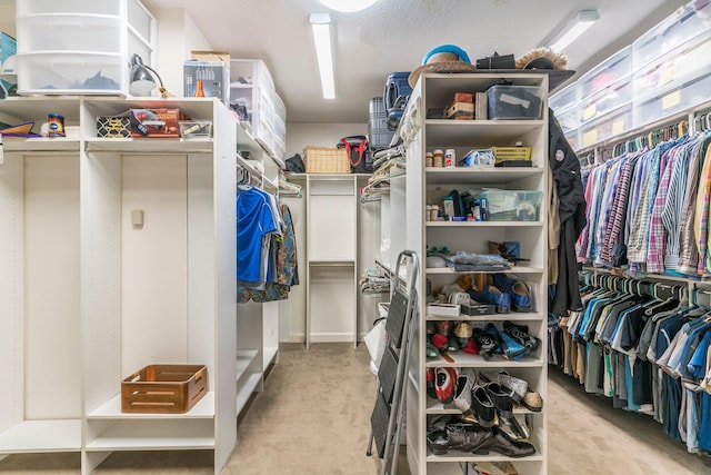 walk in closet featuring light carpet