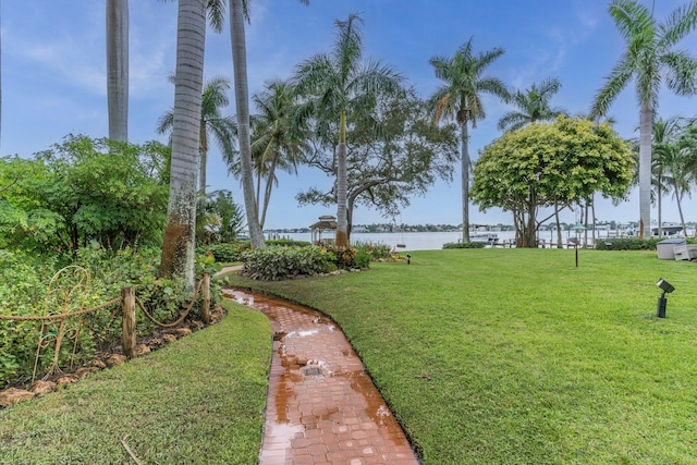 view of yard with a water view