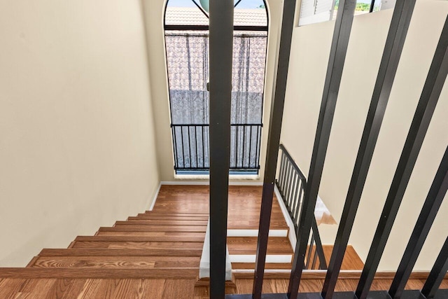 stairs with hardwood / wood-style floors