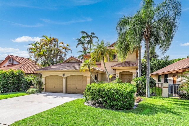 mediterranean / spanish house with a garage and a front yard