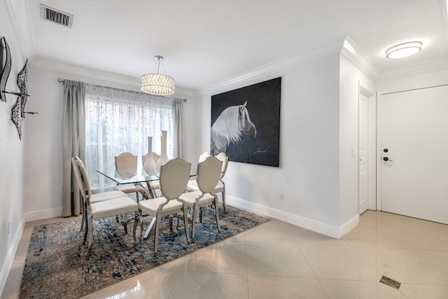 tiled dining space with crown molding and a notable chandelier