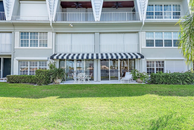 back of house with a patio and a lawn