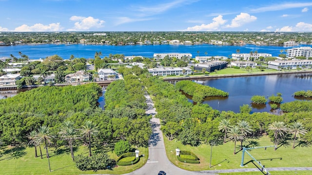 aerial view of a nearby body of water and a tree filled landscape