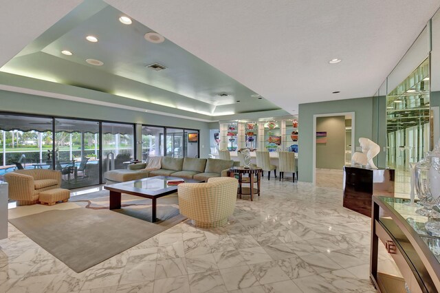 living room featuring a healthy amount of sunlight and a raised ceiling