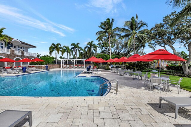 view of swimming pool featuring a patio area