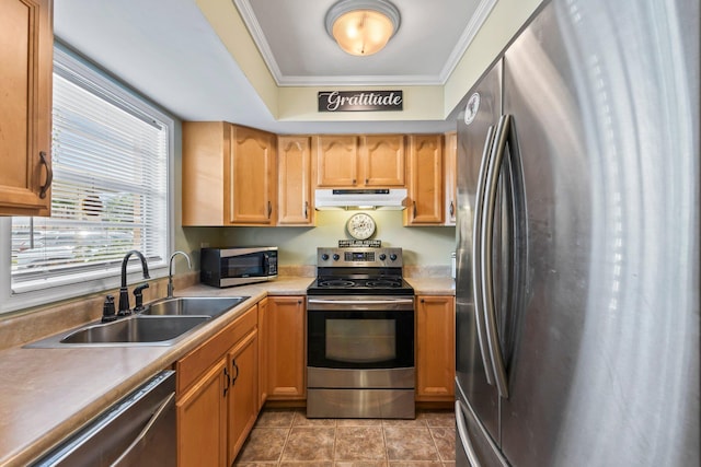 kitchen featuring crown molding, appliances with stainless steel finishes, sink, and light tile patterned floors