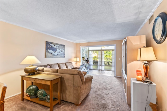 living room featuring crown molding, light carpet, and a textured ceiling