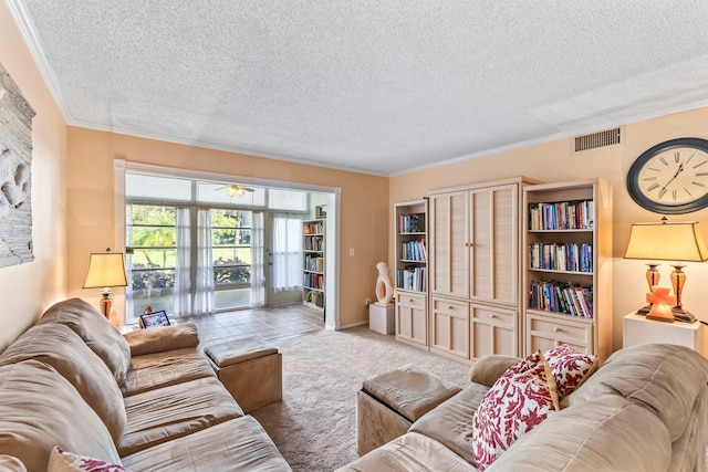 2950 SE Ocean Blvd Unit 38-2, Stuart, FL 34996 - carpeted living room with crown molding, a textured ceiling, visible vents, and ceiling fan
