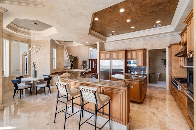 kitchen featuring a kitchen island with sink, a kitchen breakfast bar, a tray ceiling, crown molding, and appliances with stainless steel finishes