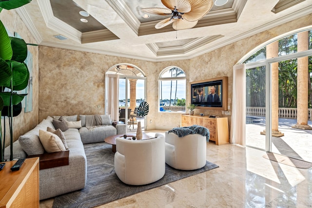 living room with ceiling fan, coffered ceiling, and ornamental molding