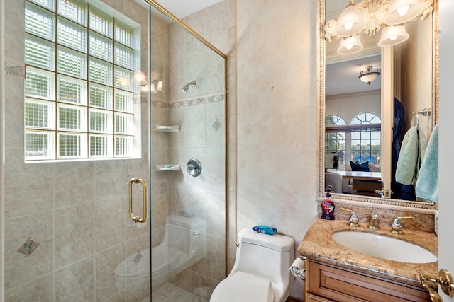 bathroom with toilet, walk in shower, vanity, and a wealth of natural light