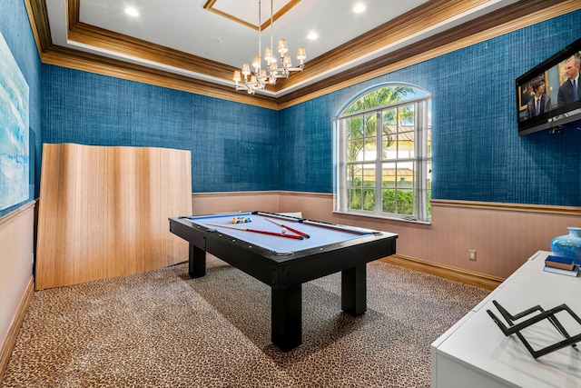 rec room with carpet flooring, pool table, a tray ceiling, crown molding, and a notable chandelier