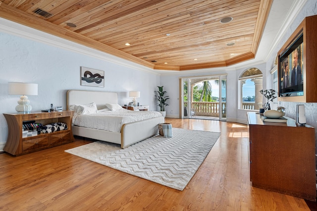 bedroom featuring access to outside, wooden ceiling, and wood-type flooring