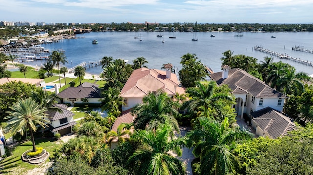 drone / aerial view featuring a water view