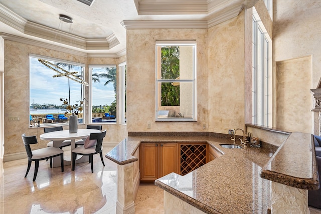 bar featuring ornamental molding, sink, dark stone counters, and a raised ceiling