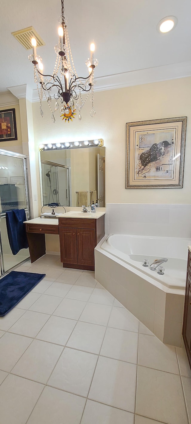 bathroom with tile patterned flooring, shower with separate bathtub, vanity, and crown molding