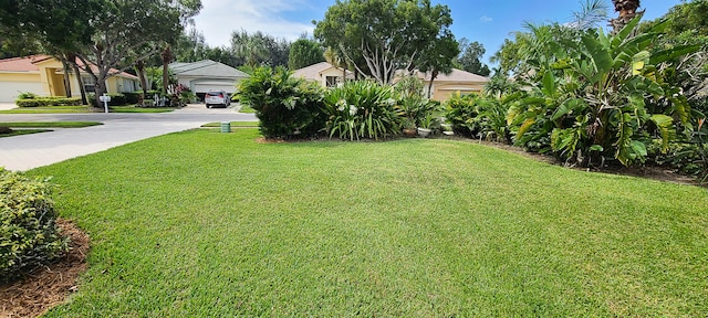 view of yard with a garage