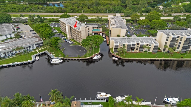 aerial view featuring a water view